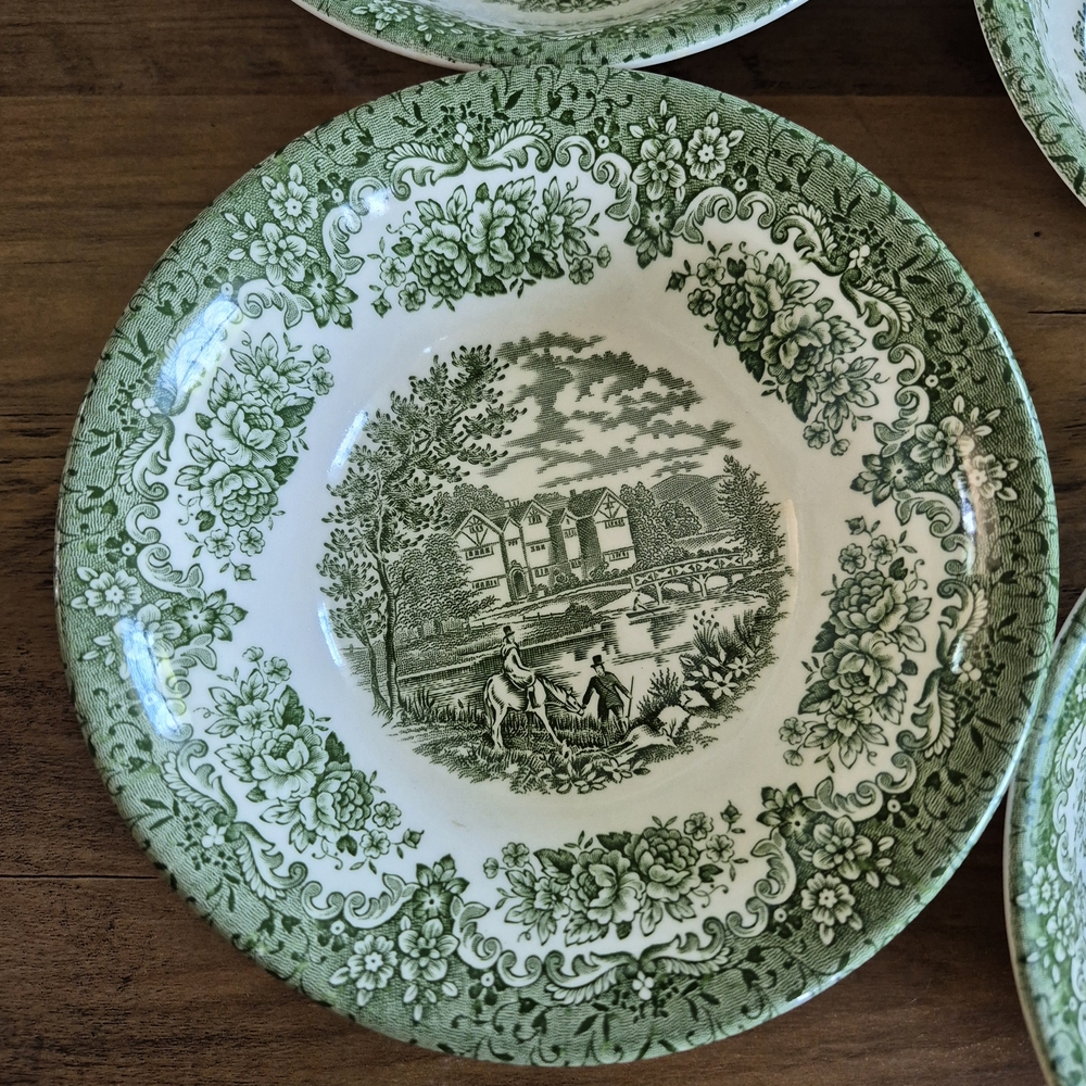 Vintage Green Transferware River Scenes English Ironstone Bowls